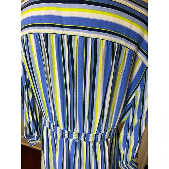 JOHN MARK Striped V Neck Tiered Midi Dress Blue Yellow Embellished Size L - Picture 13 of 13